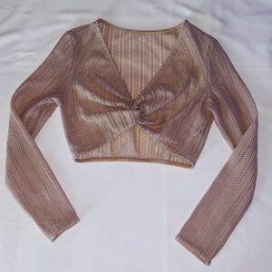 SHEIN Knitted Twist Front Crop Top in Tan
